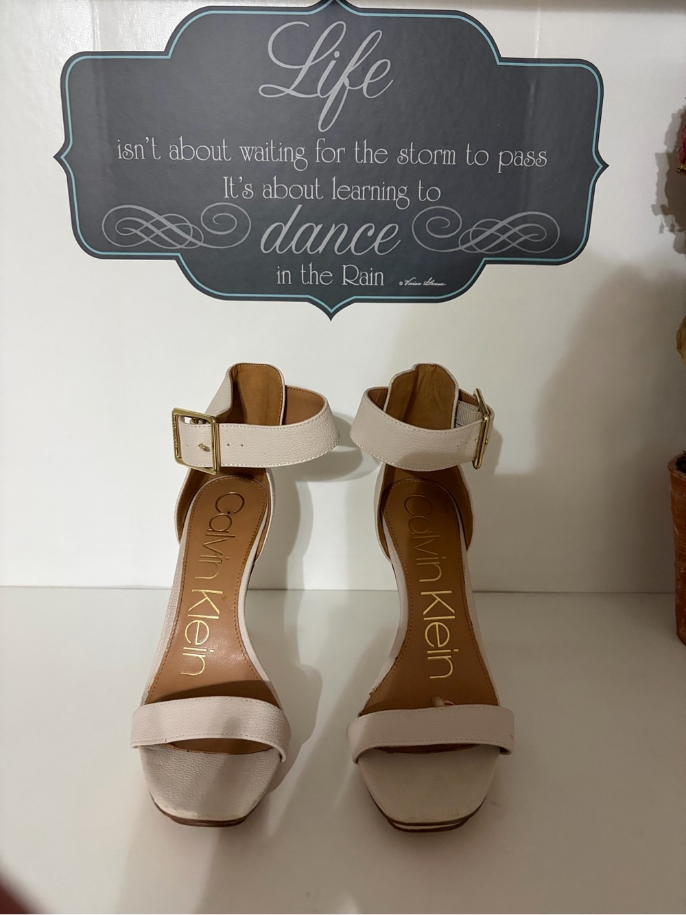 Calvin Klein Beige Ankle-Strap Block Heel Sandals